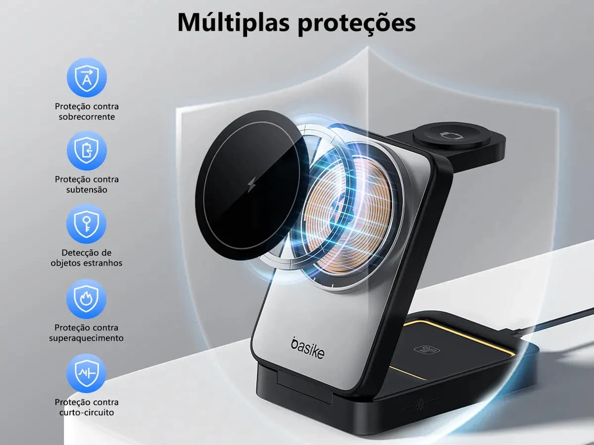 Carregador Indução Sem Fio 3em1 Basike Magsafe iPhone 17 16 15 14 Apple Watch AirPods Dobrável — imagem 3