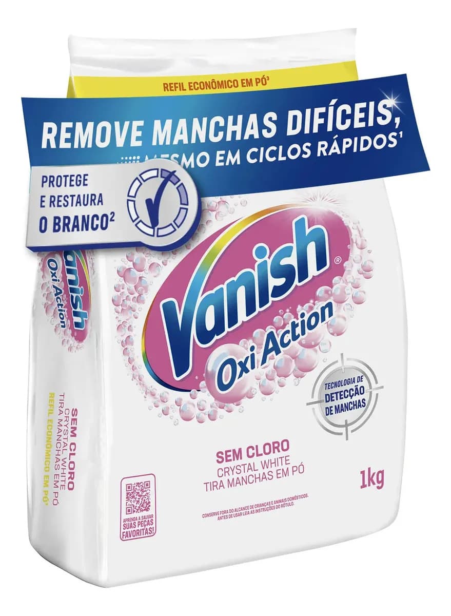 Tira Manchas em Pó Vanish Oxi Action Crystal White Refil 1kg para Roupas Brancas, Sem Cloro, com Percarbonato, Remove Manchas Difíceis e Deixa o Branco Até 5 Tons Mais Branco