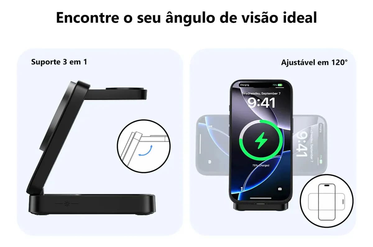 Carregador Indução Sem Fio 3em1 Basike Magsafe iPhone 17 16 15 14 Apple Watch AirPods Dobrável — imagem 5